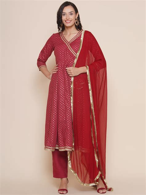 Shop Maroon Angrakha Style Kurta With Maroon Solid Palazzo & Dupatta ...