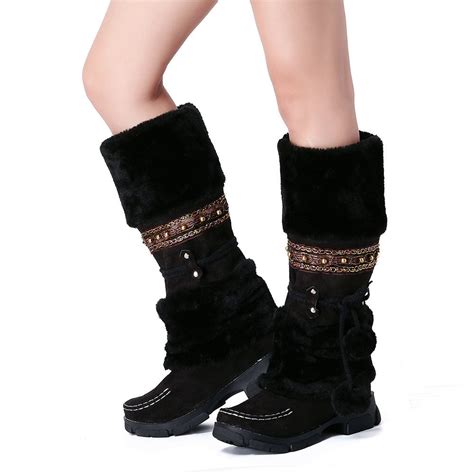 Oyedens Knee High Snow Boots for Women Ethnic Warm Fleece Lined Furry ...