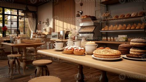 A cozy cafe setting with a bakery display and freshly brewed coffee ...