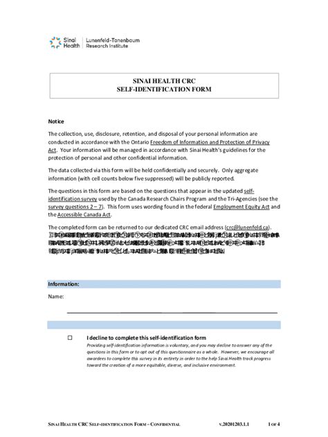 Fillable Online Sinai Health CRC Self-Identification Form Fax Email ...