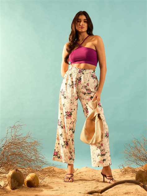 Women Beige & Pink Floral Printed High-Rise Elastic Waist Loose-Fit ...