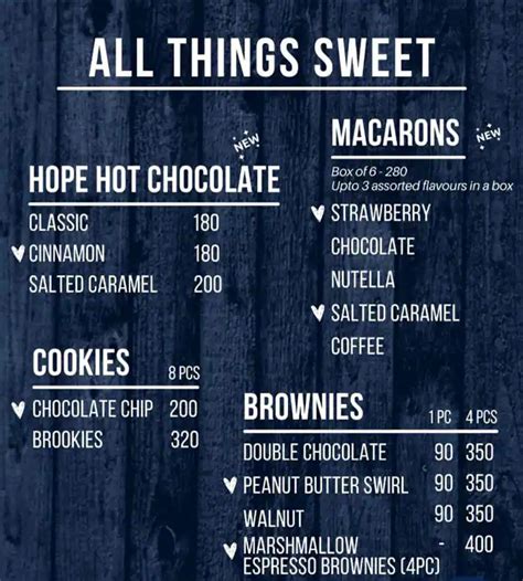 Menu at Hope Bakery, Mumbai