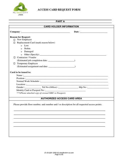Image result for Access Card Form Template
