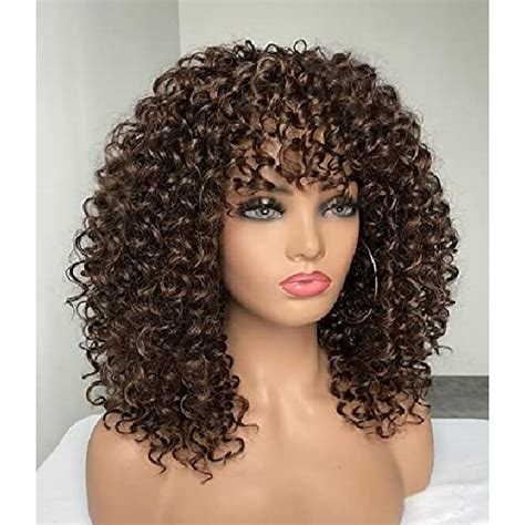 Brown Wigs for Women Afro Curly Wigs with Bangs for Black Women Kinky ...
