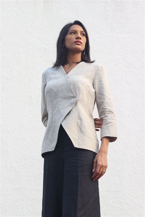 Beige crossover linen top | Chhaya Gandhi Design Studio