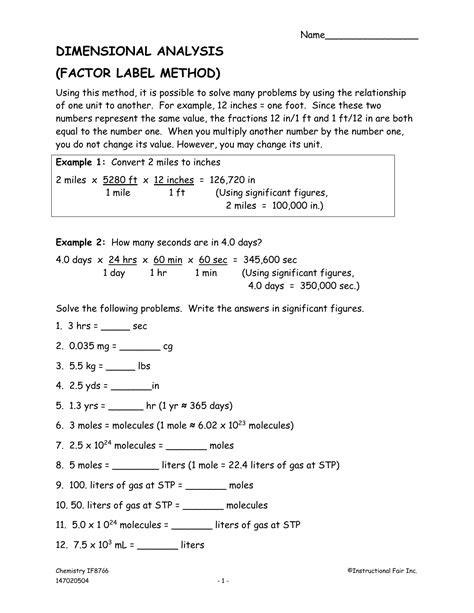 Image result for Dimensional Analysis Worksheet with Answer Key