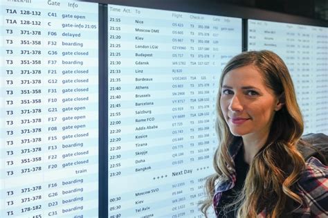 Young woman with long hair standing at departure board screen of ...