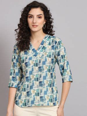 Buy Powersutra Regular Fit Printed V-Neck Top - Blue and Green Online