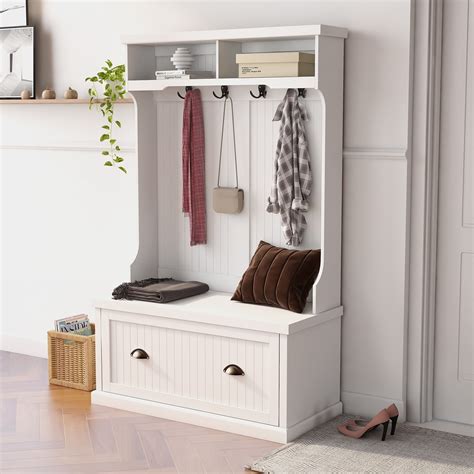 HOMCOM Freestanding Hall Tree, Entryway Bench with Coat Rack, Shoe ...