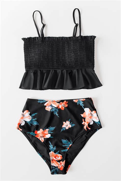 Black Leafy Ruffled High Waisted Tankini Set
