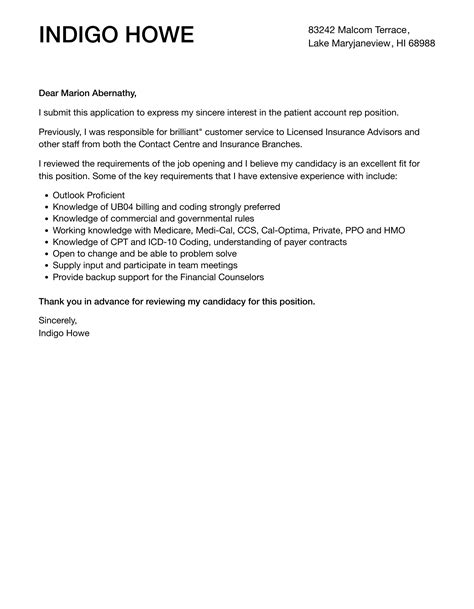 Patient Account Rep Cover Letter | Velvet Jobs