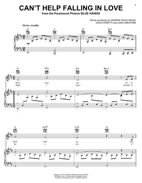 Elvis Presley 'Can't Help Falling In Love' Sheet Music and Printable ...