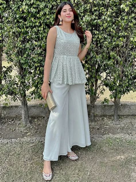 Buy Green Embroidered Georgette A-Line Kurta With Palazzos Online at Rs ...