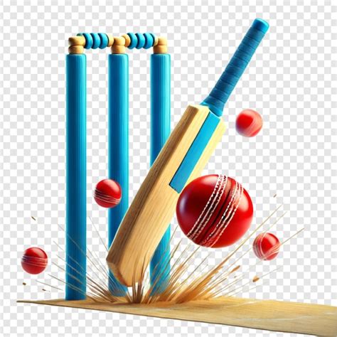 Cricket bat stumps and ball in dynamic action isolated on a transparent ...