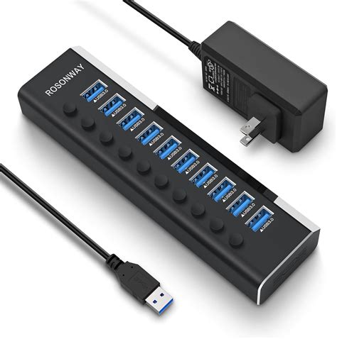 Powered USB Hub, Rosonway Aluminum 10 Port USB 3.0 Data Hub with 36W ...