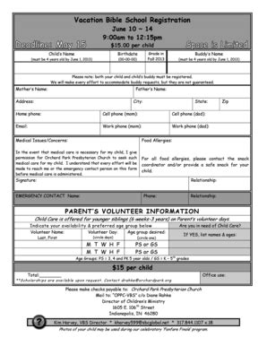Fillable Online orchardpark Vacation Bible School Registration Form ...