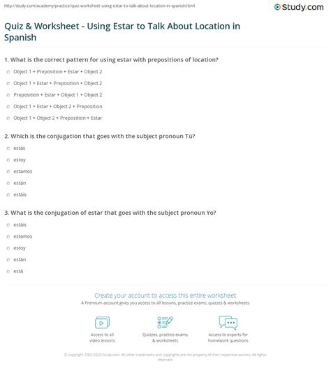 Quiz & Worksheet - Using Estar to Talk About Location in Spanish ...