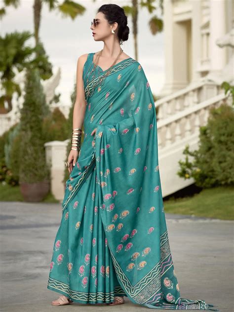 ⚡️Buy Bringing Sea Green Printed Mal Mal Silk Event Wear Saree With ...