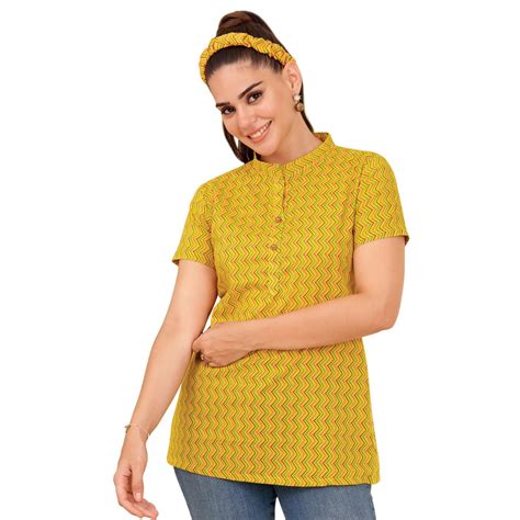 Yellow Wave Pattern Mandarin Collar Neck Short Tops for Women – Bavis ...