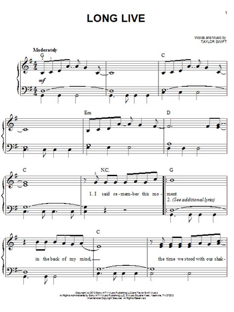 Long Live sheet music by Taylor Swift (Easy Piano – 80449)