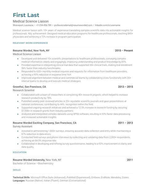 Medical Science Liaison Resume Examples for 2026 | Resume Worded