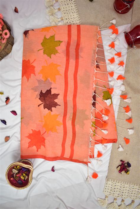 Handloom Soft Cotton Saree with Block Prints & Tassles, Peach, SR1002 ...