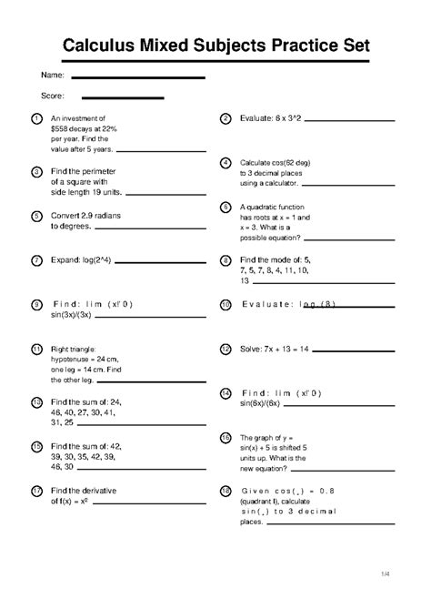 Calculus Mixed Subjects Practice Set 5: Problem Solutions and Answers ...