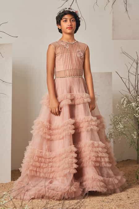 Buy Pink Organza, Crepe Fringe, Embroidery Chain Frill Gown For Girls ...