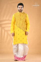 Canary Yellow Kantha Embroidered Mens Cotton Kurta – Craftyle