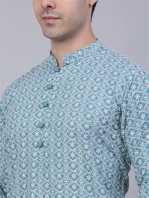 Men's Teal Blue & White embroidered Straight Kurta Pyjama Set ( JOKP 6 ...