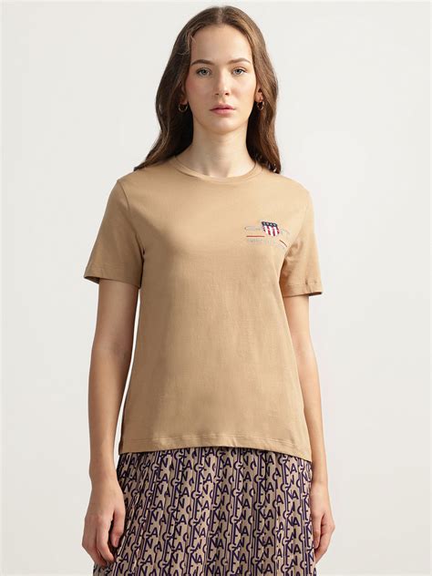 Shop Gant Women Beige Solid Round Neck Short Sleeves T-Shirt Online ...