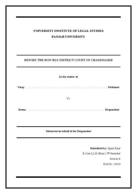 Civil Moot Memorial (Finalized) - Vinay Vs. Reena (B.Com LL.B 9th Sem ...