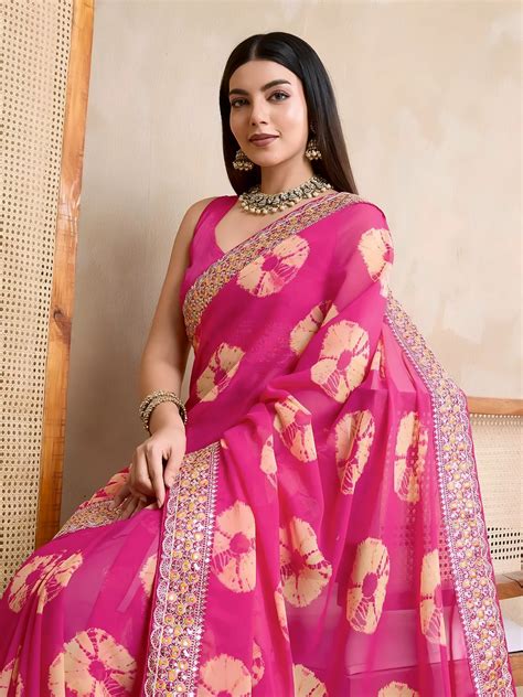 Pink Printed Embroidery Georgette Saree – Kalyanja