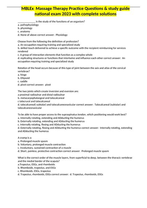 MBLEx Massage Therapy Practice Questions & study guide national exam ...