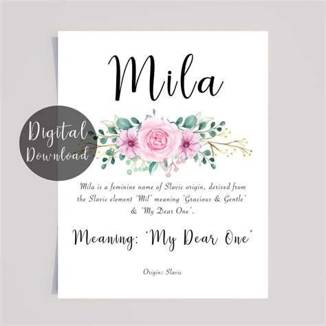 Mila Name Meaning Printable With Pink Flowers and Calligraphy Style ...