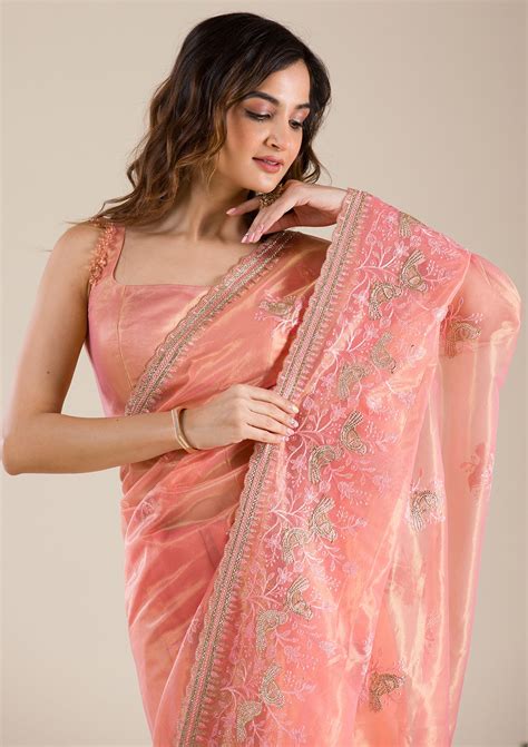Buy Peach Stonework Tissue Saree - Koskii