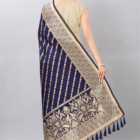 Women Navy Blue & Gold Coloured Striped Dupatta – Silk Land