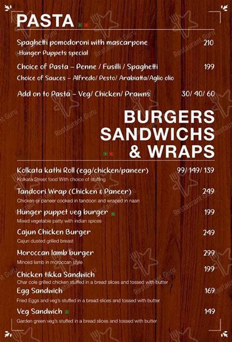 Menu at Hunger Puppets, Hyderabad