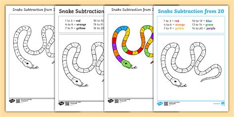 Colour Subtraction from 20 Snake Worksheet / Worksheet