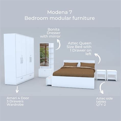 Modena 07: Set of 5 Bedroom Furniture - 4 door Wardrobe, Queen Bed Lef ...