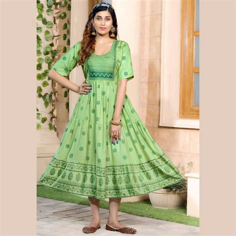 Light Green Heavy Reyon Slub Print Kurthi with Exculsively Embriodery ...