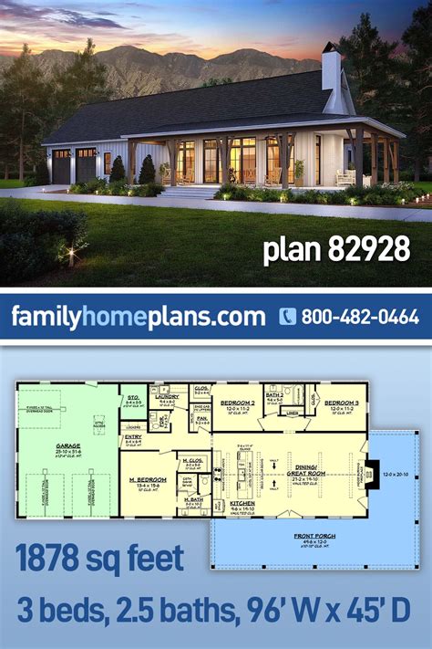 Rectangle Ranch House Plan + Wraparound Porch | Ranch house plans ...