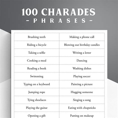 Printable Charades Game: 100 Action Phrases (PDF Download) | Charades ...