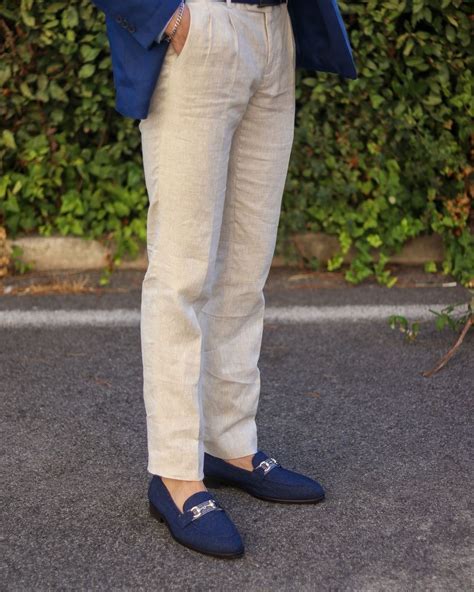 Light Blue Blazer with Linen Pants and Blue Loafers