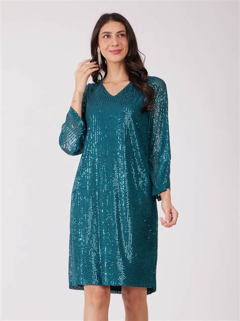 Buy Teal Sequin Shift Dress Online | FableStreet