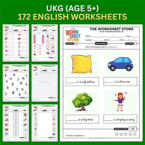 English Worksheets for UKG (Age 5+) | 172 Pages – The Worksheet Store