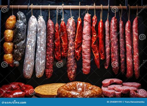 Various Types of Sausages Hanging from a Rack. Dried Sausage of Various ...