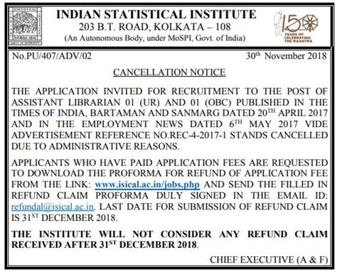 [cancelled - get refund the fees] ISI Kolkata Recruitment - Chief ...