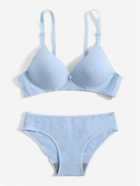 Dusty Blue Simple Cotton Plain High Stretch Women Intimates Bra Panty ...