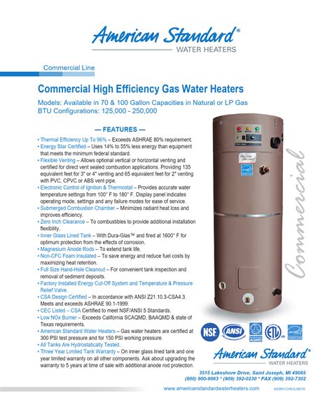 HE-100-250* - AMERICAN STANDARD WATER HEATERS Specifications and ...